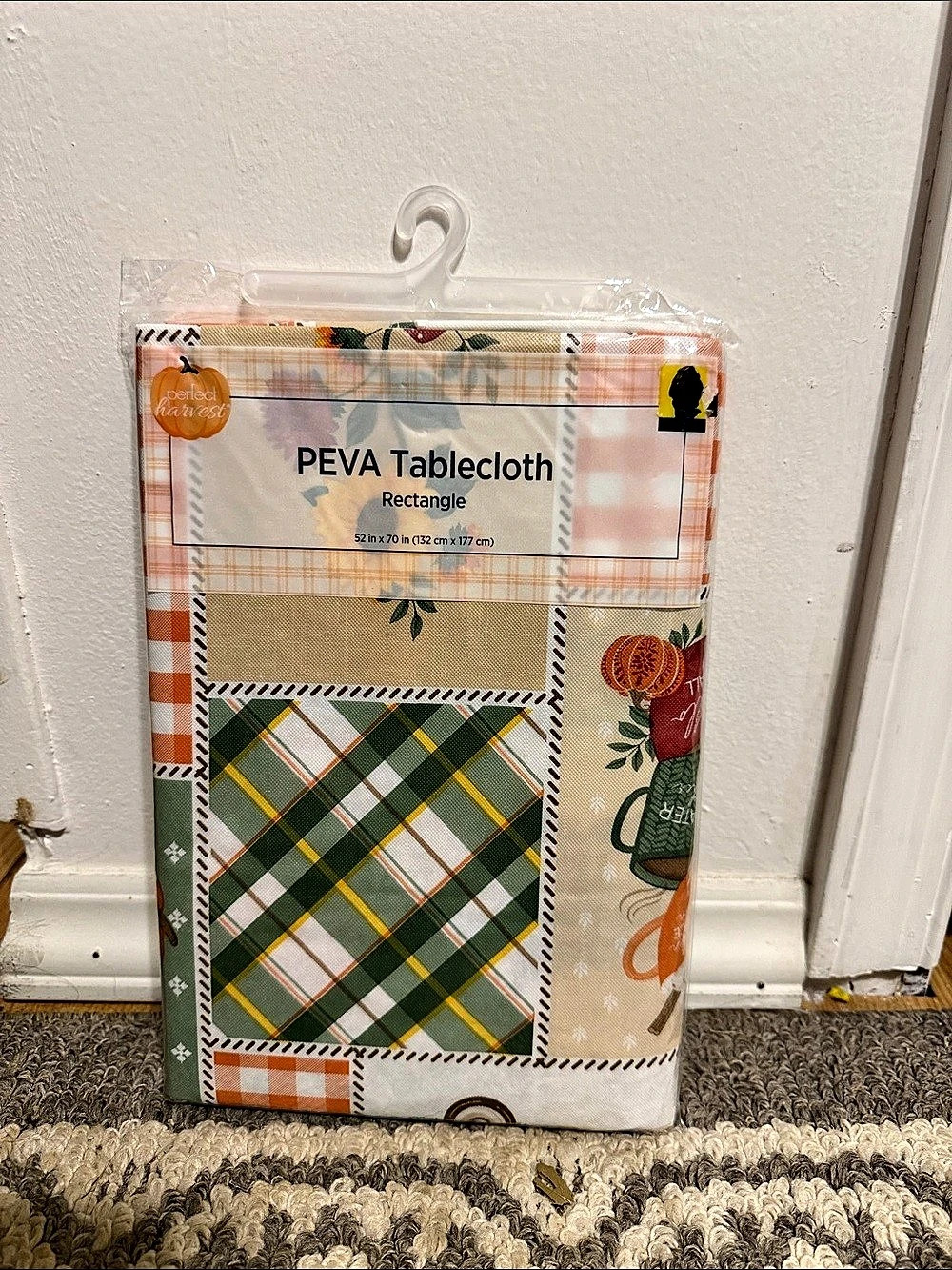 Old East Main Co. PEVA Tablecloth Fall Harvest Patchwork. Plaid Green & Orange